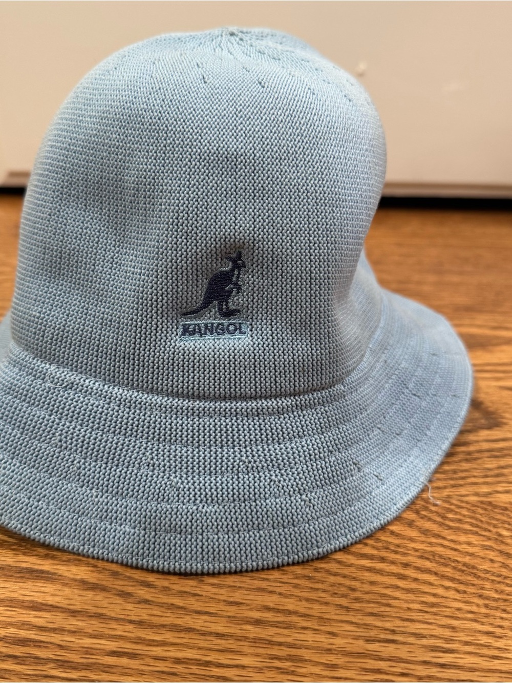 Kangol Pale Blue Knit Bucket Hat with Kangaroo Logo